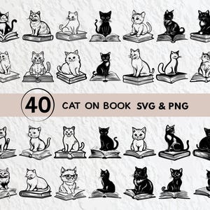 Cat On Book Svg Bundle: Clipart, Silhouette, Vector (Digital Download)