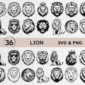 May include: A set of 36 black and white lion SVG and PNG digital files. The lions are in various poses, including roaring, standing, and sitting. Some lions are wearing crowns.