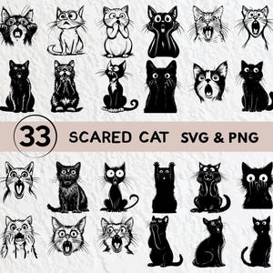 May include: A set of 33 black and white scared cat SVG and PNG digital files. The cats are in various poses, with wide eyes and mouths open in a scared expression.