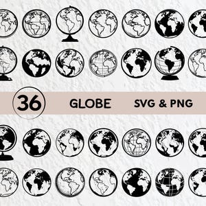 May include: A set of 36 black and white globe illustrations. The globes are in various styles, including simple outlines, detailed maps, and globes with a stand. The illustrations are perfect for use in crafts, scrapbooking, or digital design.