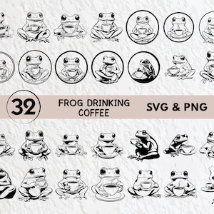 Frog Drinking Coffee Svg Bundle, Frog Drinking Coffee Silhouette, Frog Coffee Clipart Png, Drinking Coffee Outline, Funny Frog Logo Icon Set