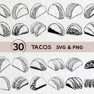 May include: A set of 30 black and white line art illustrations of tacos. The illustrations are in various styles and shapes, including traditional tacos, street tacos, and tacos with different fillings. The text "30 TACOS SVG & PNG" is at the bottom of the image.