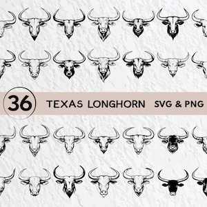 Op de afbeelding: Een set van 36 zwart-witte Texas Longhorn stierenkop silhouet SVG en PNG digitale bestanden. De stierenkoppen zijn naar voren gericht met hoorns die omhoog wijzen.