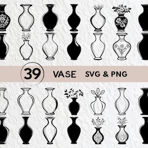 May include: A set of 39 black and white vase SVG and PNG digital downloads. The vases are in various shapes and sizes, including tall, short, wide, and narrow. Some vases have floral designs.