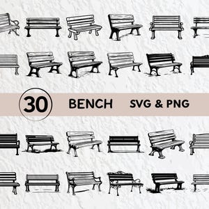 Puede incluir: Un conjunto de 30 archivos SVG y PNG en blanco y negro que presentan varios diseños de bancos. Los bancos están dibujados en un estilo simple, de arte lineal.