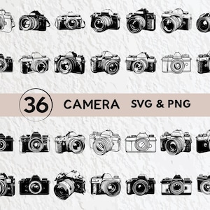 Pode incluir: Uma coleção de 36 ilustrações de câmeras em preto e branco. A imagem apresenta vários designs de câmeras, desde câmeras de filme clássicas até modelos digitais mais modernos. O texto na imagem diz "36 CAMERA SVG & PNG."