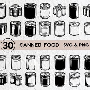 Può includere: Una collezione di 30 illustrazioni di cibo in scatola in formati SVG e PNG. Le immagini raffigurano vari stili di lattine di cibo, alcune con etichette e altre senza, in bianco e nero. È incluso anche il testo "30 CANNED FOOD SVG & PNG".
