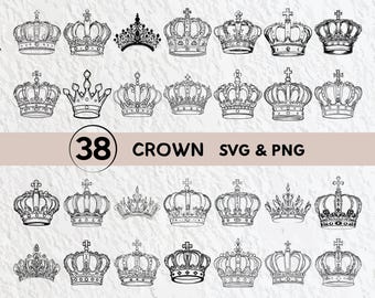 Puede incluir: Un conjunto de 38 archivos digitales SVG y PNG de coronas en blanco y negro. Las coronas son de varios estilos, incluyendo simples, ornamentadas y regias.