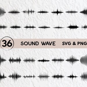 Könnte beinhalten: Eine Sammlung von 36 schwarzen Schallwellen-Designs im SVG- und PNG-Format. Die Schallwellen variieren in Form und Größe, vor einem hellbeige Hintergrund. Der Text "36 SOUND WAVE SVG & PNG" ist in der Mitte des Bildes zu sehen.