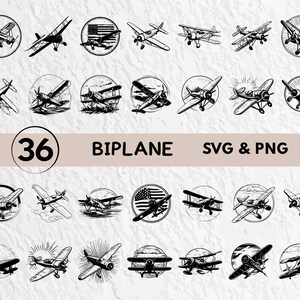 Op de afbeelding: Een set van 36 zwart-witte SVG- en PNG-bestanden met illustraties van dubbeldekker vliegtuigen. De dubbeldekkers zijn in verschillende poses, waaronder vliegen, landen en opstijgen. De illustraties zijn perfect voor knutselen, scrapbooking en andere creatieve projecten.