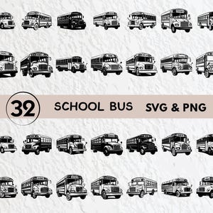 May include: A set of 32 black and white school bus SVG and PNG files. The buses are all facing forward and have a variety of different designs.