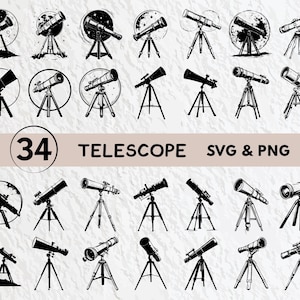 Könnte beinhalten: Ein Set mit 34 Schwarzweiß-Illustrationen von Teleskopen. Die Teleskope stehen auf Stativen und einige haben einen Halbmond oder Sterne im Hintergrund. Der Text "34 TELESCOPE SVG & PNG" befindet sich am unteren Rand des Bildes.