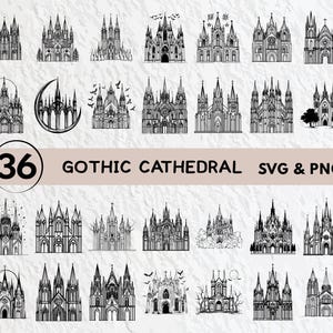 Pode incluir: Uma coleção de 36 ilustrações de catedrais góticas a preto e branco em formatos SVG e PNG. As imagens mostram vários designs arquitetónicos de catedrais, com detalhes intrincados e estilos variados. O texto "36 GOTHIC CATHEDRAL SVG & PNG" também está incluído.