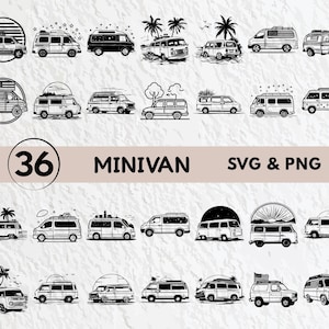 May include: A collection of 36 black and white minivan illustrations in various styles, including vans with American flags, palm trees, and other decorative elements. The text "36 MINIVAN SVG & PNG" is also included.