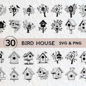 Pode incluir: Um conjunto de 30 arquivos digitais SVG e PNG em preto e branco com designs de casas para pássaros. Os designs incluem vários estilos de casas para pássaros com diferentes formas de telhado, janelas e detalhes. As casas para pássaros são cercadas por galhos, folhas e pássaros.