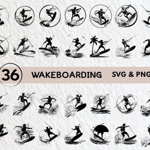 May include: A set of 36 black and white wakeboarding SVG and PNG digital files. The images feature a variety of wakeboarding poses and tricks.