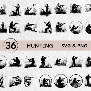 Puede incluir: Un conjunto de 36 archivos digitales SVG y PNG de caza en blanco y negro que presentan cazadores con rifles y escopetas en varias poses. Los cazadores se representan en una variedad de escenas de caza, incluyendo de pie, de rodillas y caminando. Los archivos son perfectos para usar en proyectos de manualidades, scrapbooking y otras actividades creativas.