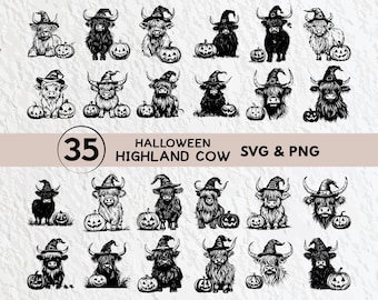 Halloween Highland Kuh SVG-Bundle: Silhouette Clipart (PNG, SVG)