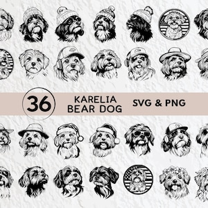 Puede incluir: Un conjunto de 36 archivos digitales SVG y PNG en blanco y negro de Karelian Bear Dog. Las imágenes presentan varias poses de la raza de perro, incluyendo algunas con sombreros y accesorios.