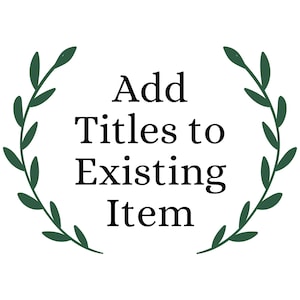 Puede incluir: Fondo blanco con el texto "Add Titles to Existing Item" en negro, rodeado por una corona de hojas verde oscuro. El texto está centrado y la corona añade un toque decorativo.