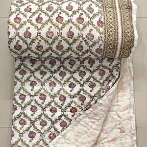Hand Block Printed Cotton Quilt , Reversible Floral Blanket, Soft Summer Quilt, Queen quilt , Indian quilt bedspread , All Season Quilt gift