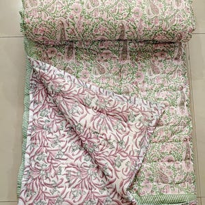 Hand Block Printed Cotton Quilt , Reversible Floral Blanket, Soft Summer Quilt, Queen quilt , Indian quilt bedspread , All Season Quilt