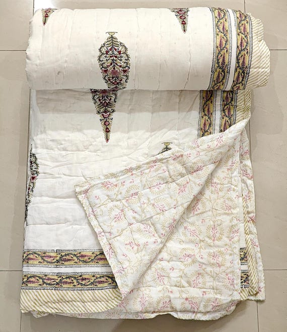 コットンキルト、インドのハンドブロックプリントキルトベッド