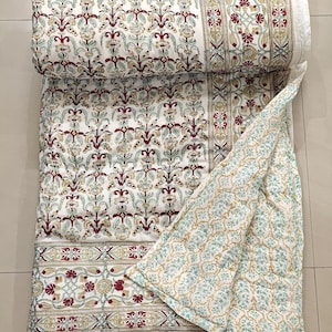 Hand Block Printed Cotton Quilt , Reversible Floral Blanket, Soft Summer Quilt, Queen quilt , Indian quilt bedspread , All Season Quilt