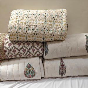 Cotton Quilt Block Print quilts Quilted Handmade Bedspread, Reversible Comforter, coverlet quilt, queen size blanket , boho bedding king