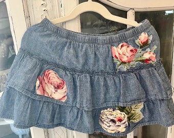 little girls ruffle layered floral denim jean skirt, colorful floral applique stretch skirt, little girl denim summer skirt, ruffle skirt