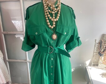 1980s style green shirt dress with chunky cuffs and matching green belt, vintage 1980s striking green button up dress, vintage 80s dress
