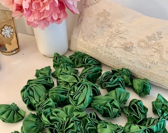 Handmade Fabric Flowers – Lot of 39 Green Couture Rosette Appliqués, silk flowers, handmade flowers, flower appliques,