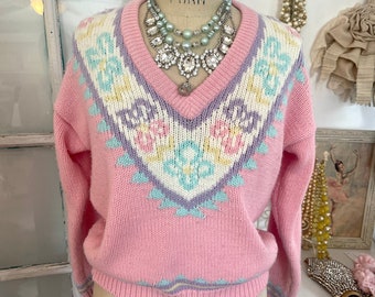 rosa farbenfroher Vintage-Pullover mit V-Ausschnitt aus den 1970er Jahren, mehrfarbiger Vintage-Couture-Strickpullover im Vintage-Stil, Vintage-Modepullover von Lord und Taylor