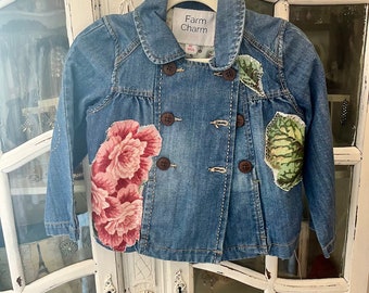 floral upcycled kid's button down denim jacket, floral denim jacket, pink green and blue denim upcycled jacket, gypsy bohemian florals