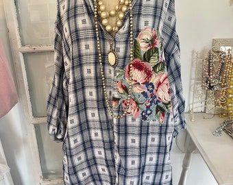 Oversized button up shirt with floral appliques, boho gypsy button up shirt, blue plaid shirt with pink and blue florals, ooak