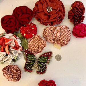 Matching flowers and Trims, Red Fabric Flowers, Red flowers, Gingham, butterfly pin, flower pins, flower brooches, flower brooch, flower pin