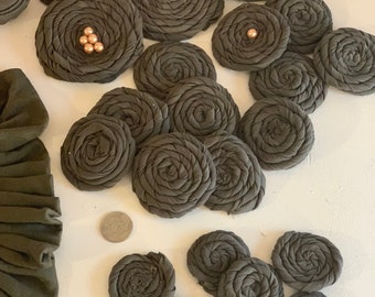 Knit Jersey Flowers, Spiral Flowers, handmade flowers, flower swirls, green flowers, fabric flowers, army green flowers