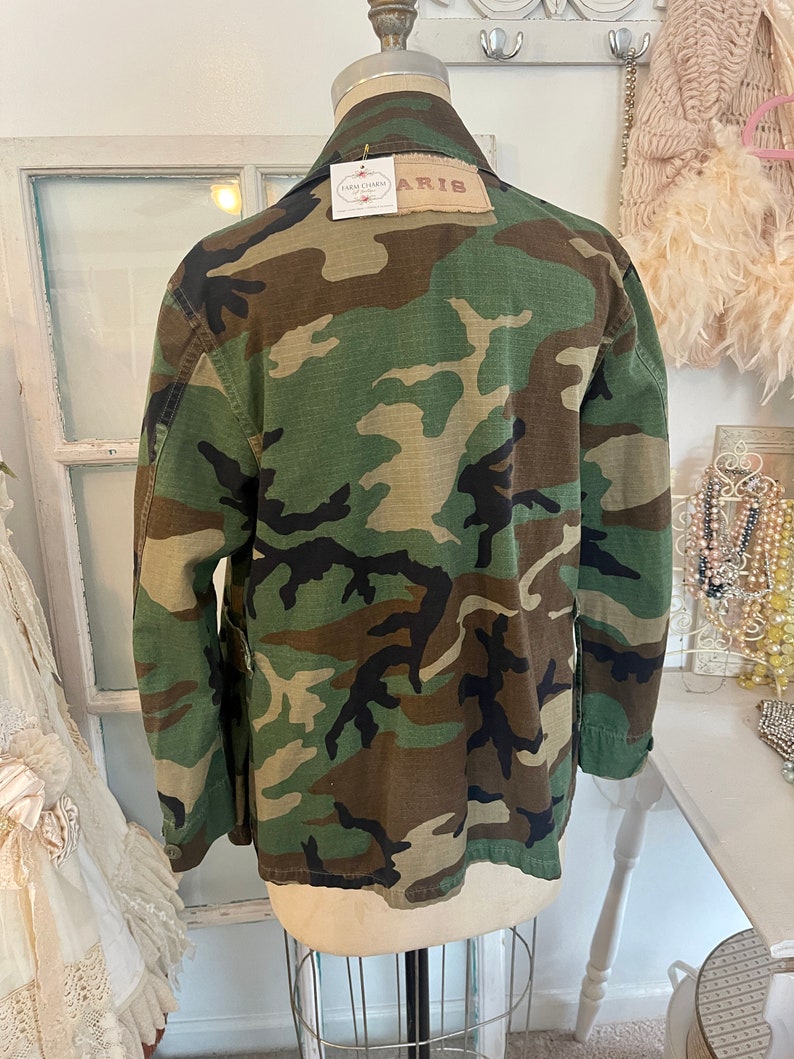 Women's Army Jacket, Army Jacket With Floral Appliques, Button up Green