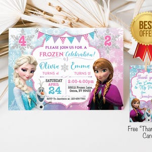 Convite para gêmeos | Convite para festa de aniversário de princesa | Etiqueta de agradecimento grátis | Nomes e idades de gêmeos | Convite para gêmeos | Download instantâneo
