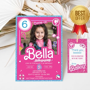 Bewerkbare uitnodiging voor popfeestje | Pink Doll-verjaardagsuitnodiging met afbeelding | Gratis bedanktag | Bewerkbaar | Direct downloaden