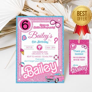 Bewerkbare uitnodiging voor popfeestje | Pink Doll-verjaardagsuitnodiging met afbeelding | Gratis bedanktag | Bewerkbaar | Direct downloaden