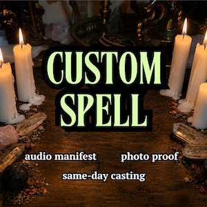 May include: A dark wooden surface features five white pillar candles with melting wax, surrounded by various crystals including rose quartz and clear quartz. The text reads CUSTOM SPELL, audio manifest, photo proof, and same-day casting.