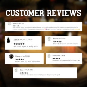 May include: Image featuring customer reviews with the headline "CUSTOMER REVIEWS" in bold white letters. The reviews are displayed in white boxes with black text, including star ratings and positive feedback. The background is a blurred, dark brown.
