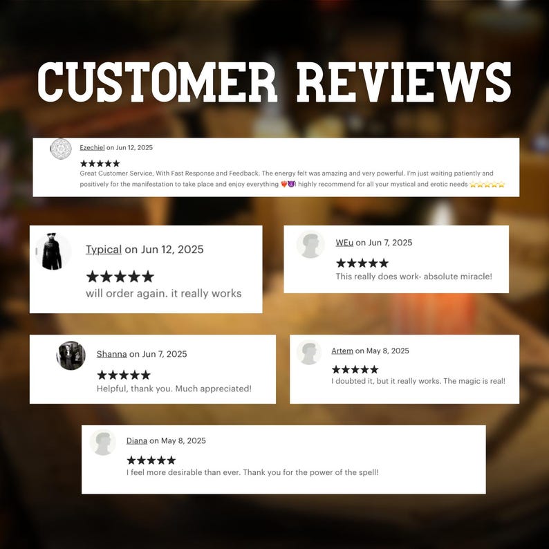 May include: Image featuring customer reviews with the headline "CUSTOMER REVIEWS" in bold white letters. The reviews are displayed in white boxes with black text, including star ratings and positive feedback. The background is a blurred, dark brown.