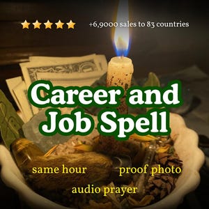 Könnte beinhalten: Eine weiße, gewellte Schale mit einer brennenden Kerze, Papiergeld, einem braunen fellartigen Objekt, Tannenzapfen und kleinen Kristallen. Der Text lautet: Career and Job Spell, same hour, proof photo, audio prayer, +6,9000 sales to 83 countries.