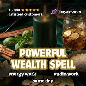 Puede incluir: Una vela verde encendida con el texto "POWERFUL WEALTH SPELL" es el punto focal de esta imagen. Otros elementos incluyen monedas, incienso y el texto "energy work", "audio work" y "same day". La imagen también incluye el texto "+5.000 satisfied customers".