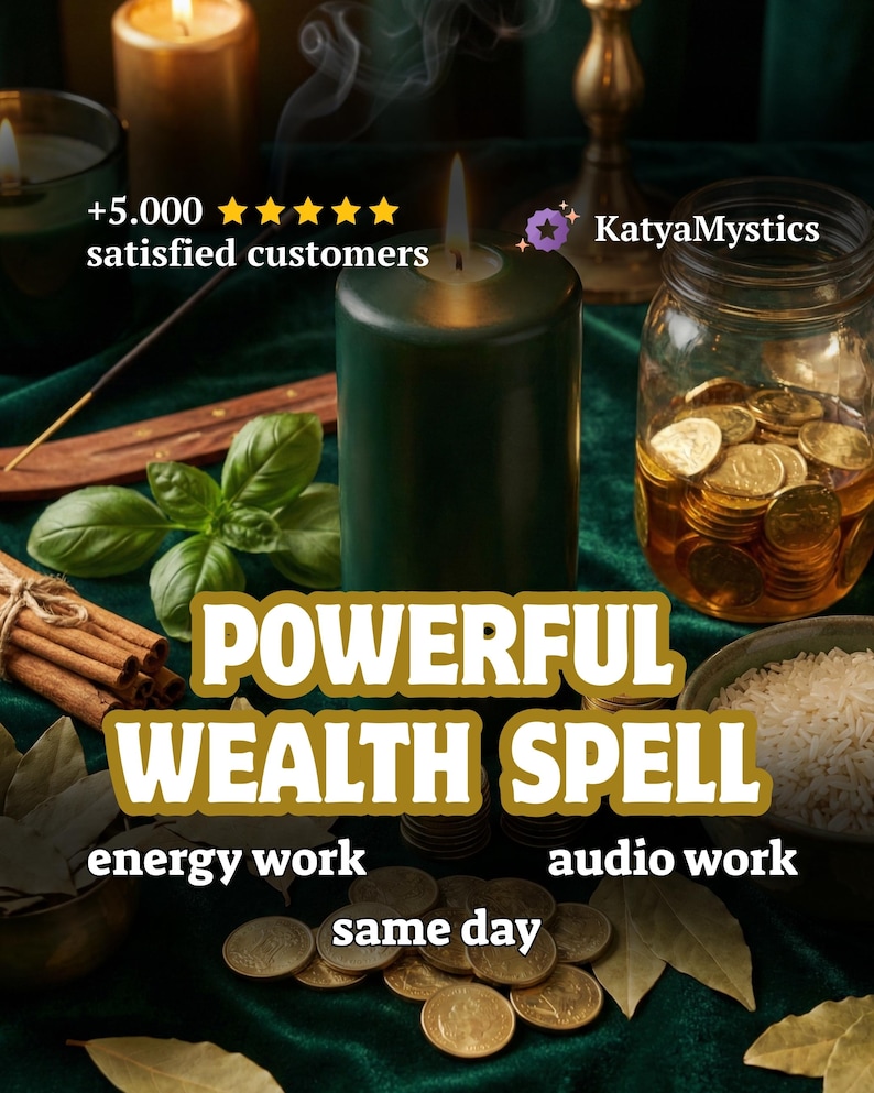 Puede incluir: Una vela verde encendida con el texto "POWERFUL WEALTH SPELL" es el punto focal de esta imagen. Otros elementos incluyen monedas, incienso y el texto "energy work", "audio work" y "same day". La imagen tambi&eacute;n incluye el texto "+5.000 satisfied customers".