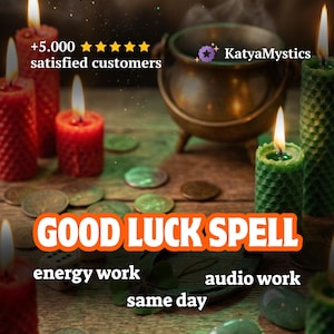 Puede incluir: Imagen con velas encendidas, un caldero y monedas, con el texto "GOOD LUCK SPELL". El texto adicional incluye "energy work", "audio work" y "same day". La imagen tiene un tema místico.