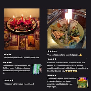 Puede incluir: Un collage con dos im&aacute;genes: una muestra una bandeja plateada con velas rojas, rosas rojas y cartas del tarot; la otra muestra un cuenco verde que contiene una vela encendida, hojas secas, ramas de canela y billetes de cinco d&oacute;lares.