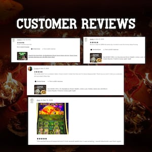 May include: Image featuring customer reviews with the text "CUSTOMER REVIEWS" in large white letters. The reviews include text and images related to spells for wealth, lottery luck, and job success. The reviews are from December 2025.